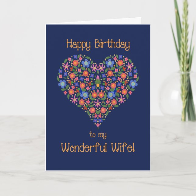 Folk Art Floral Heart Birthday Card for Wife (Front)
