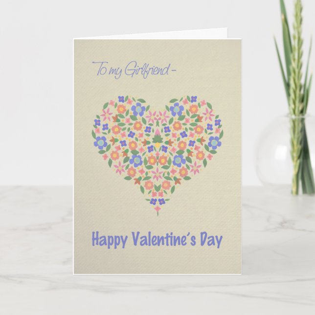 Folk Art Floral Heart Valentine's Card, Girlfriend Holiday Card (Front)
