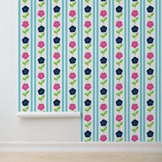 Folk Art Floral in Hot Pink & Navy on Aqua Stripe Wallpaper