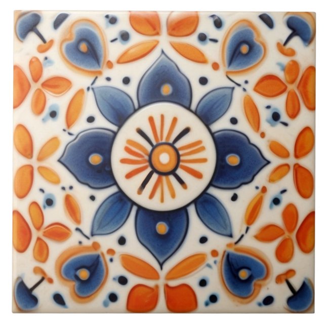 Folk Art Floral Orange & Blue Flower Tile (Front)