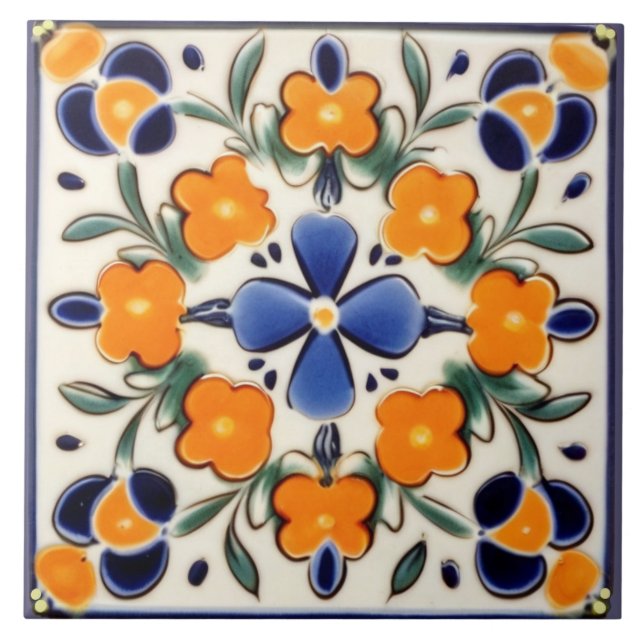 Folk Art Floral Orange & Blue Flowers Tile (Front)