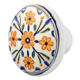 Folk Art Floral Orange Flowers Blue Circle Ceramic Knob