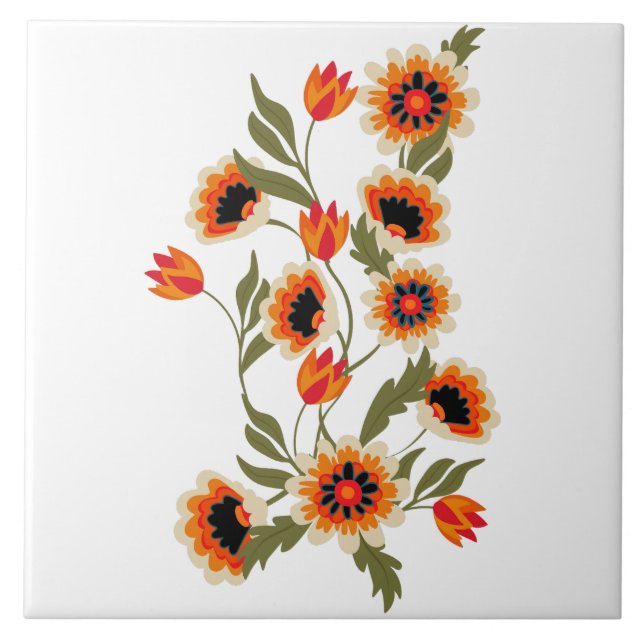 Folk Art Floral Pattern Red Orange Green Botanical Tile (Front)