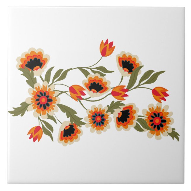 Folk Art Floral Pattern Red Orange Green Botanical Tile (Front)