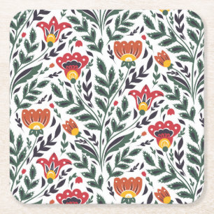 Folk art floral pattern square paper coaster