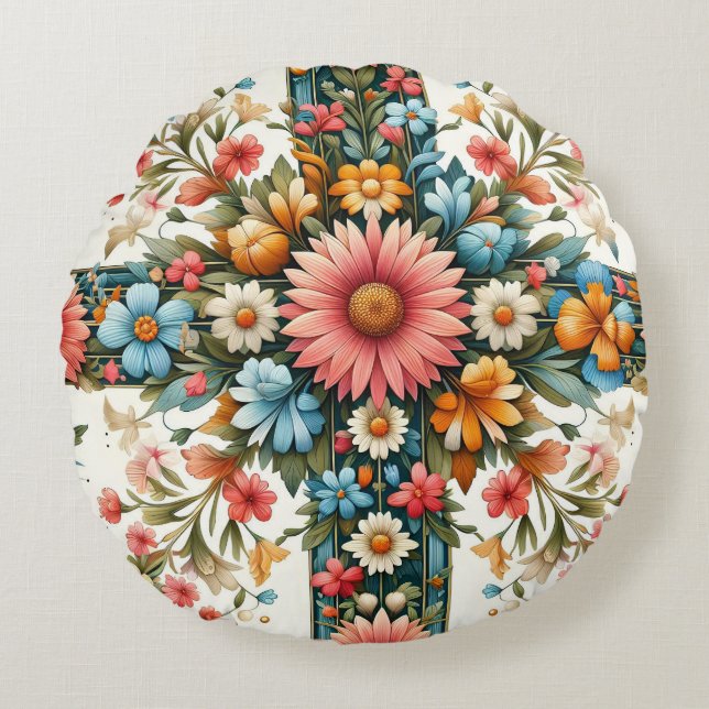 Folk Art Floral Round Pillow - Colourful Boho  (Front)