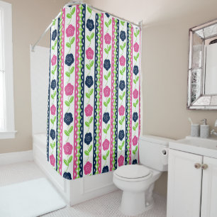 Folk Art Floral Scalloped Stripe - Navy PInk Lime Shower Curtain