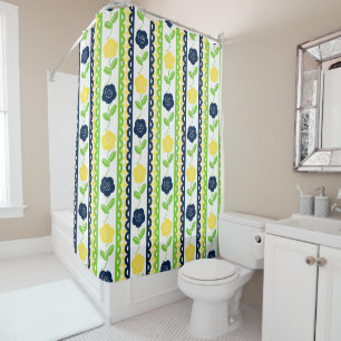 Folk Art Floral Scalloped Stripe Navy Yellow Lime Shower Curtain