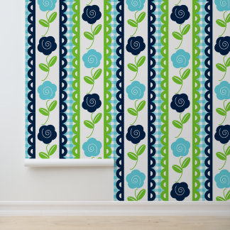 Folk Art Floral Scalloped Stripe on Aqua Gingham Wallpaper