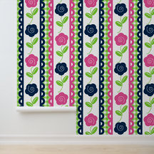 Folk Art Floral Scalloped Stripe on Lime Gingham