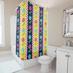 Folk Art Floral Stripe Chequerboard Yellow & Navy Shower Curtain