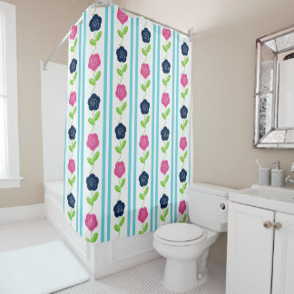 Folk Art Floral Stripe - Navy Hot Pink Aqua Shower Curtain