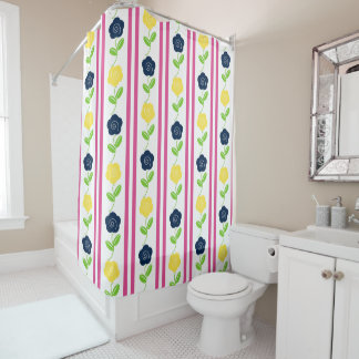 Folk Art Floral Stripe - Navy Yellow Hot Pink Shower Curtain