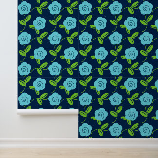 Folk Art Floral Toss in Aqua on Navy Wallpaper