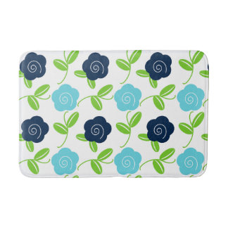 Folk Art Floral Toss in Navy & Aqua on White Bath Mat