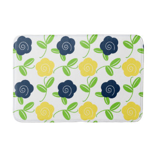 Folk Art Floral Toss in Navy & Yellow on White Bath Mat