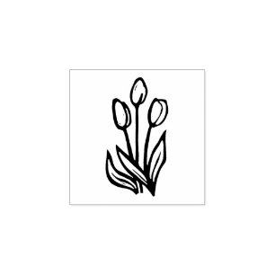 Folk Art Floral Tulips Spring Linocut Style Rubber Stamp