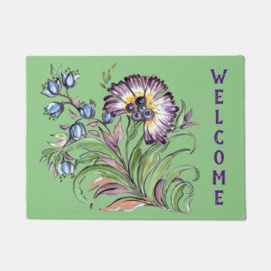 Folk Art Floral Welcome Mint Purple Summer Custom Doormat