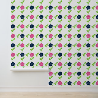 Folk Art Floral Windowpane in Hot Pink & Navy Wallpaper