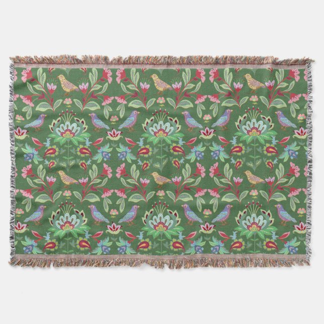 Folk Art Floral With Birds on Green Throw Blanket (Front)