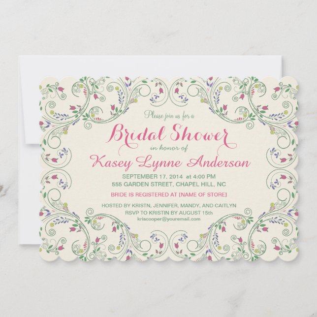 Folk Art Floral Wreath Bridal Shower Invitations (Front)