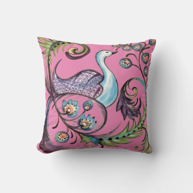 Folk Art Flower Floral Peacock Hot Pink Summer Cushion (Front)