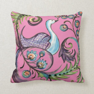 Folk Art Flower Floral Peacock Hot Pink Summer Cushion