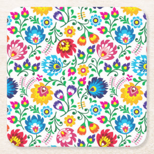 Folk Art Flower Pattern 2 Square Paper Coaster