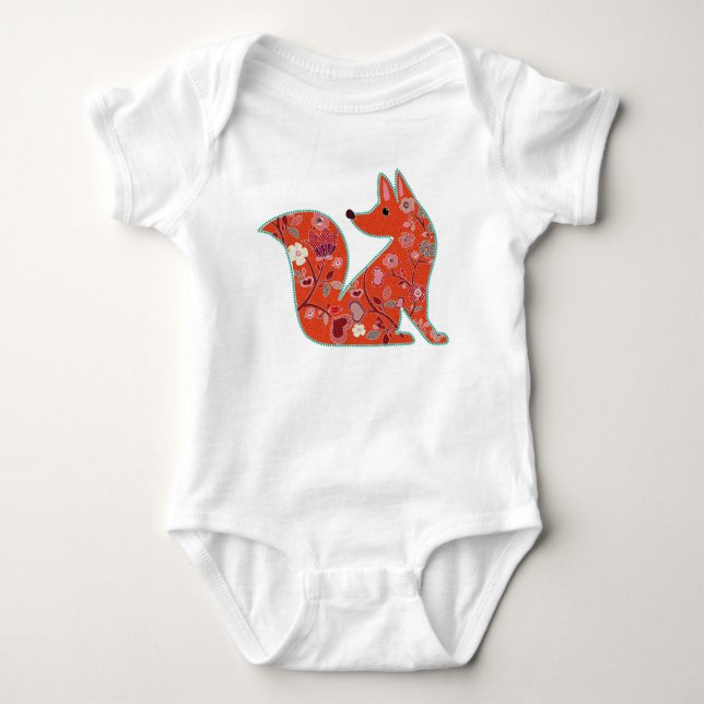 Folk Art Flower Pattern Fox Baby Bodysuit (Front)