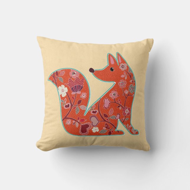 Folk Art Flower Pattern Fox Cushion (Front)