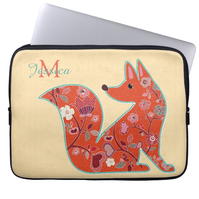 Folk Art Flower Pattern Fox Laptop Sleeve (Front)