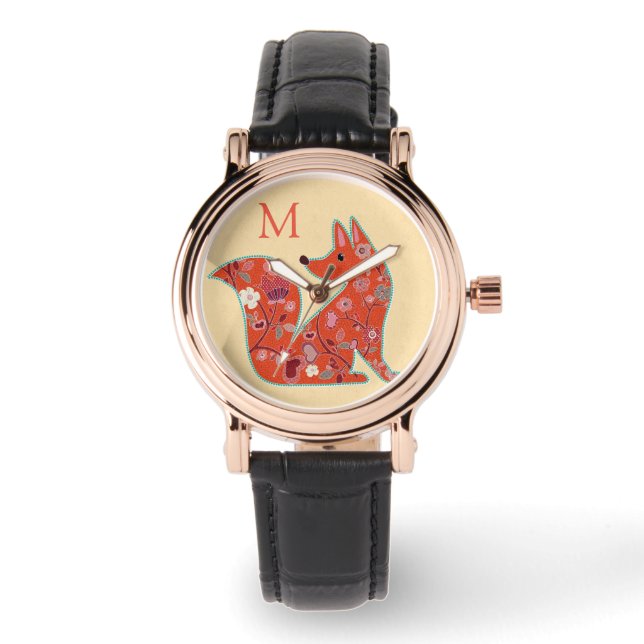 Folk Art Flower Pattern Fox Monogram Watch (Front)