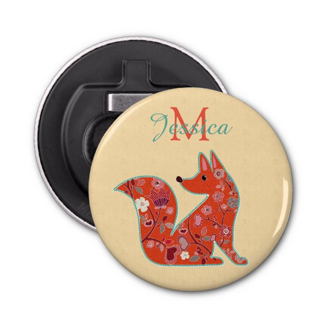 Folk Art Flower Pattern Fox Personalised Bottle Opener (Front)