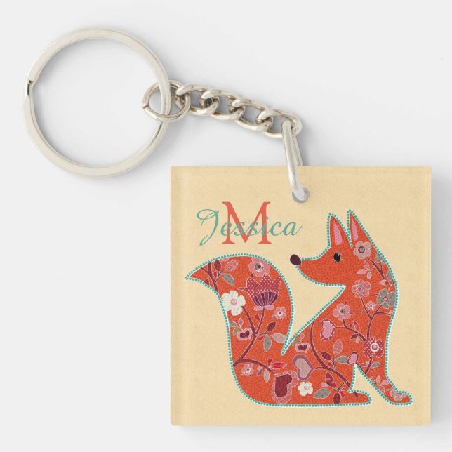 Folk Art Flower Pattern Fox Personalised Key Ring (Front)