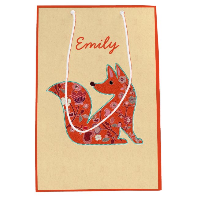 Folk Art Flower Pattern Fox Personalised Medium Gift Bag (Front)