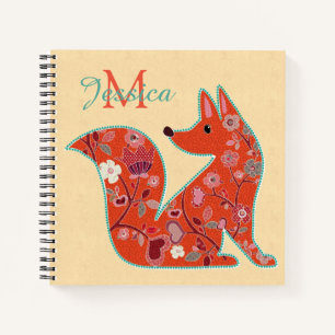 Folk Art Flower Pattern Fox Personalised Notebook
