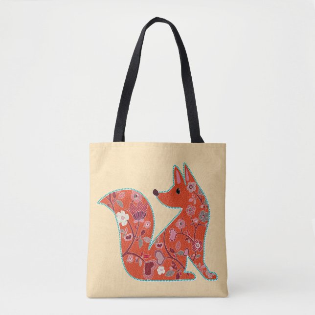 Folk Art Flower Pattern Fox  Tote Bag (Front)