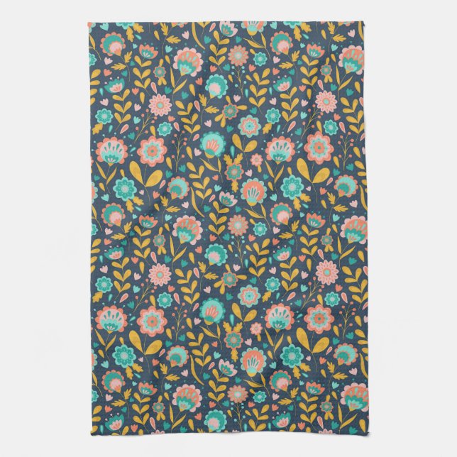 Folk Art Flower Pattern Tea Towel (Vertical)
