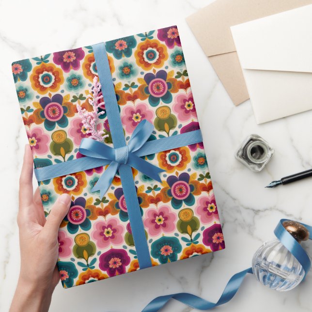 Folk Art Flowers Retro BOHO Chic Floral Pattern Wrapping Paper (Gifting)
