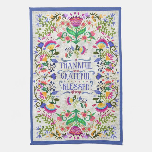 Folk Art Flowers | Thankful, Grateful, Blessed Tea Towel (Vertical)