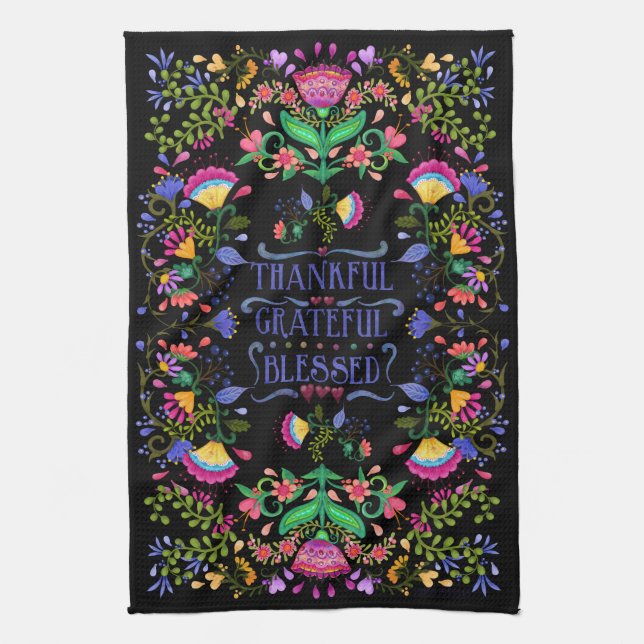 Folk Art Flowers | Thankful, Grateful, Blessed Tea Towel (Vertical)