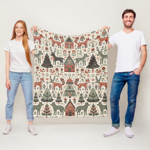 Folk Art Fox Deer Wolf Forest Blanket
