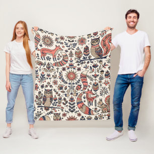 Folk Art Fox Owl Squirrel Forest Blanket