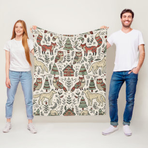 Folk Art Fox Owl Wolf Nordic Forest Blanket