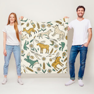 Folk Art Fox Wolf Moose Nordic Forest Blanket