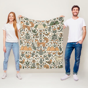 Folk Art Fox Wolf Robin Forest Blanket