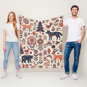 Folk Art Fox Wolf Sparrow Forest Blanket