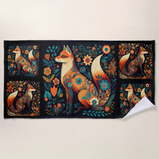 Folk Art Foxes Beach Towel