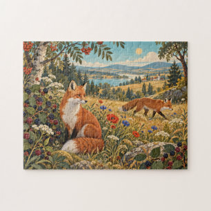 Folk Art Foxes Wildflower Countryside Landscape Jigsaw Puzzle