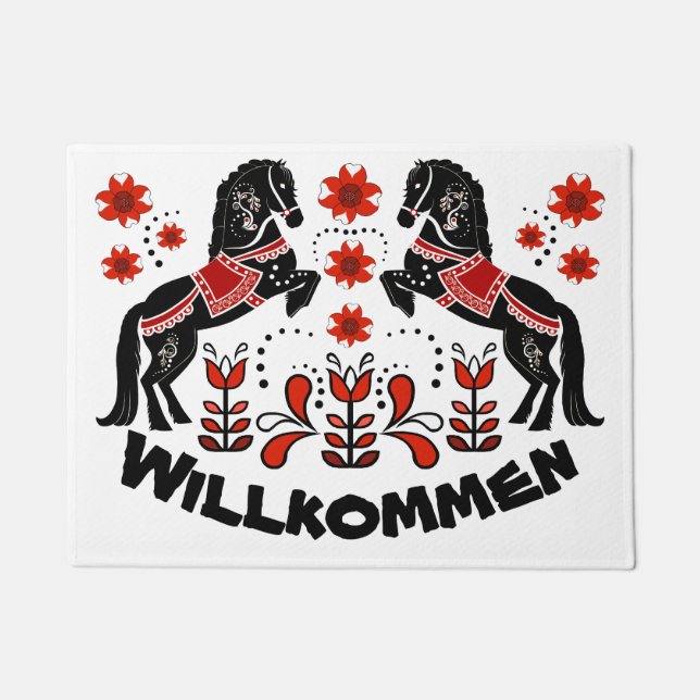 Folk art Friesian/Frisian Welcome/Willkommen red Doormat (Front)